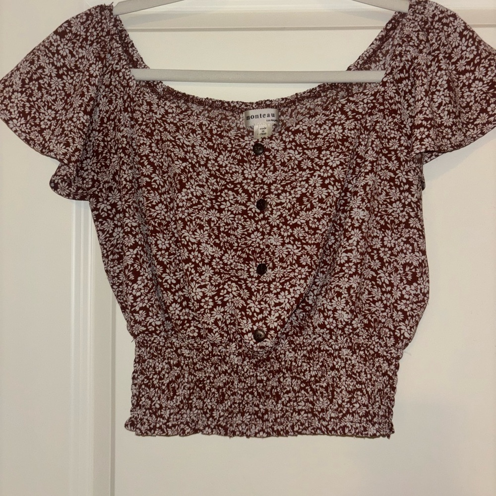 Monki Floral Off-Shoulder Blouse - Brown and White